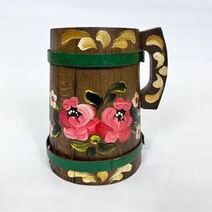 Vintage Wood Stein Planter Hand Painted Floral Decoration Folk Art